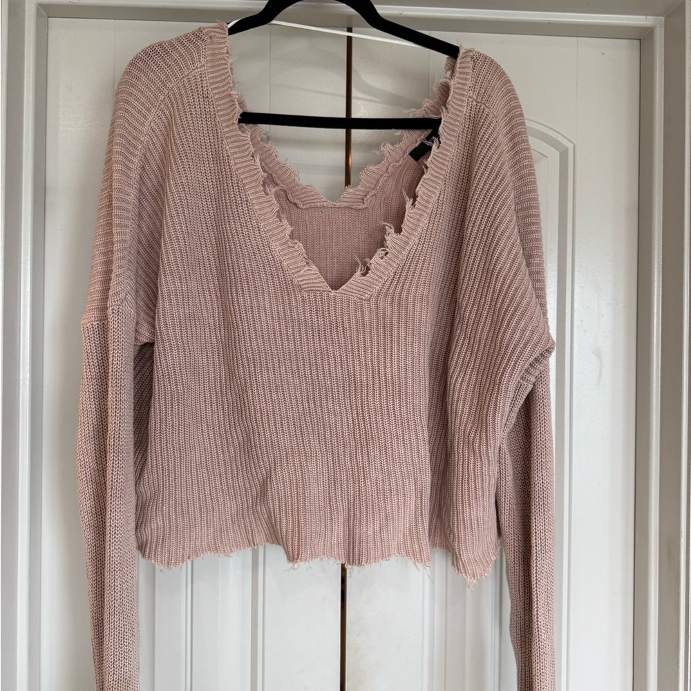 Pink V-Neck Frayed Sweater